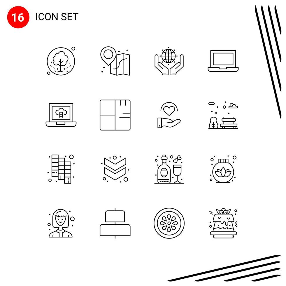 Pack of 16 creative Outlines of badge achievements green macbook device Editable Vector Design Elements