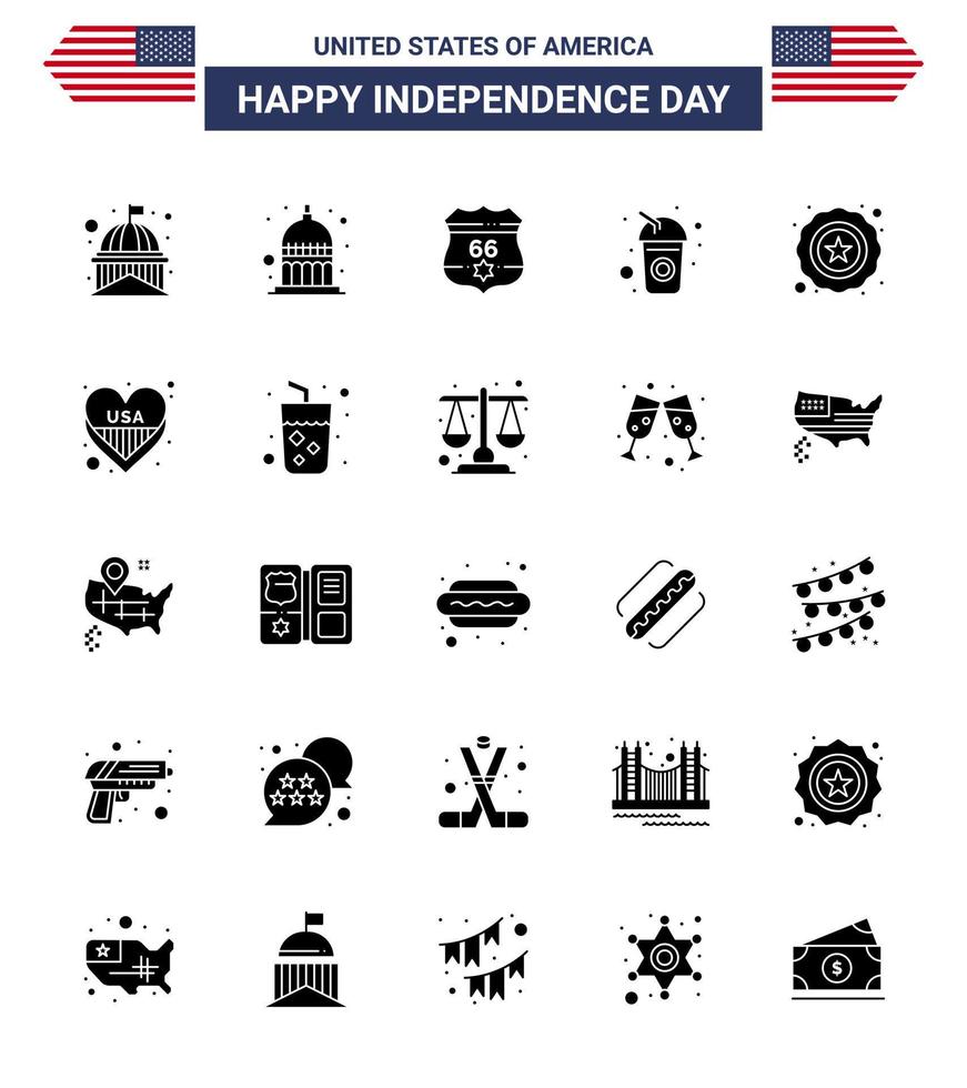 usa feliz día de la independencia pictograma conjunto de 25 glifo sólido simple de bebida policial usa cola seguridad editable usa día elementos de diseño vectorial vector