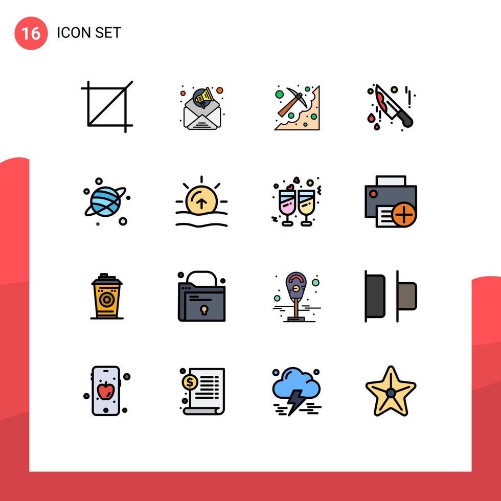 Mobile Interface Flat Color Filled Line Set of 16 Pictograms of sun space pick planet knife Editable Creative Vector Design Elements