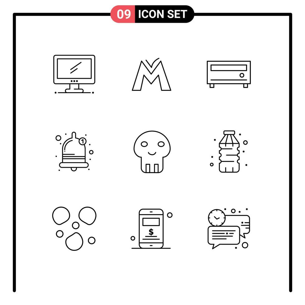 Mobile Interface Outline Set of 9 Pictograms of dangerous biochemistry crypto currency sound alarm Editable Vector Design Elements