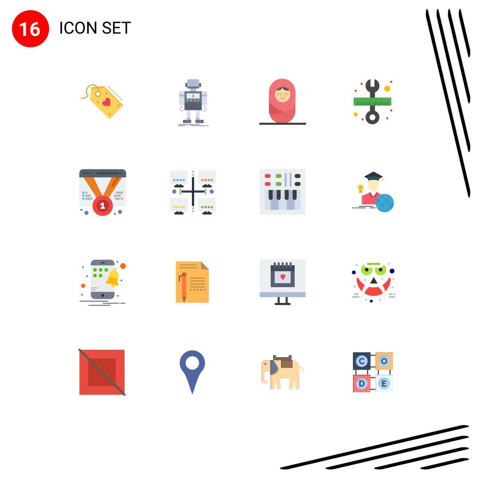 Pack of 16 Modern Flat Colors Signs and Symbols for Web Print Media such as badge wrench robotic tool girl Editable Pack of Creative Vector Design Elements