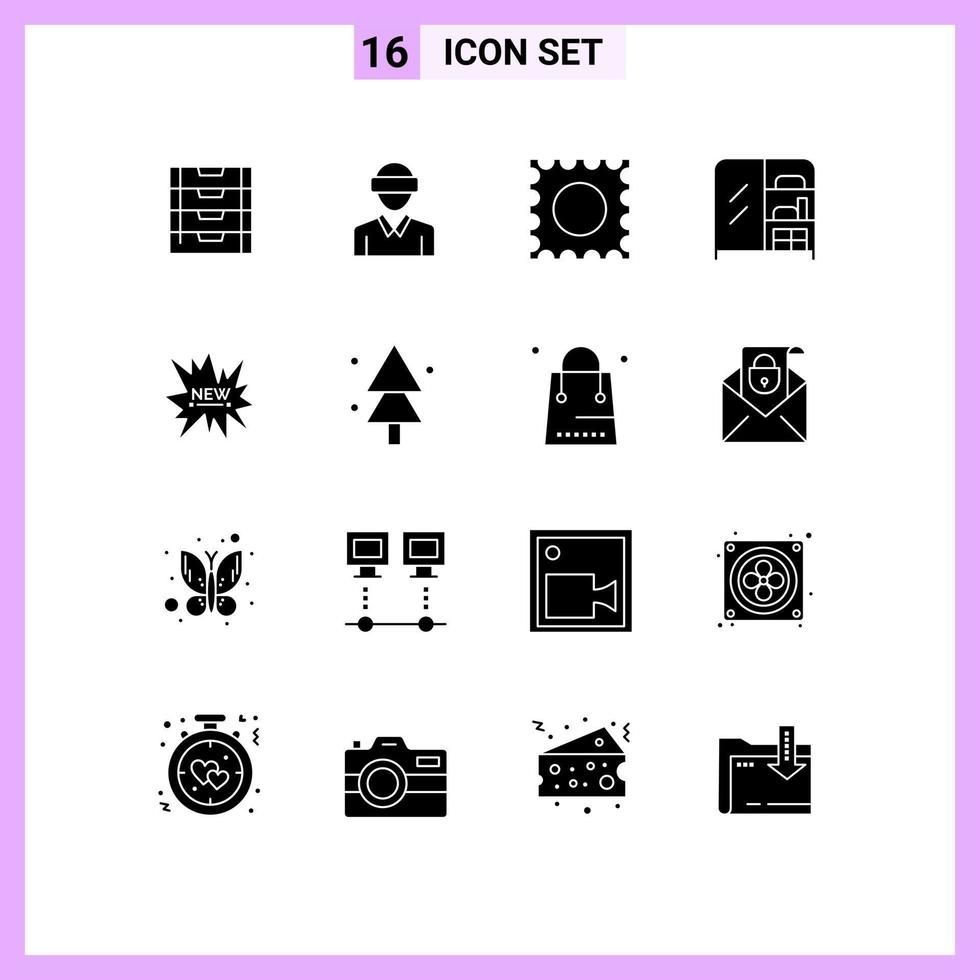 Group of 16 Modern Solid Glyphs Set for new shopping man ecommerce interior Editable Vector Design Elements