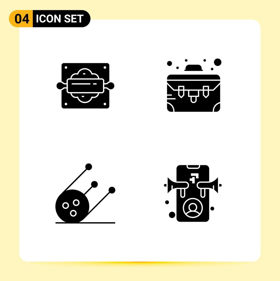 Mobile Interface Solid Glyph Set of 4 Pictograms of bakery space bread rolling pin suitcase advertising Editable Vector Design Elements