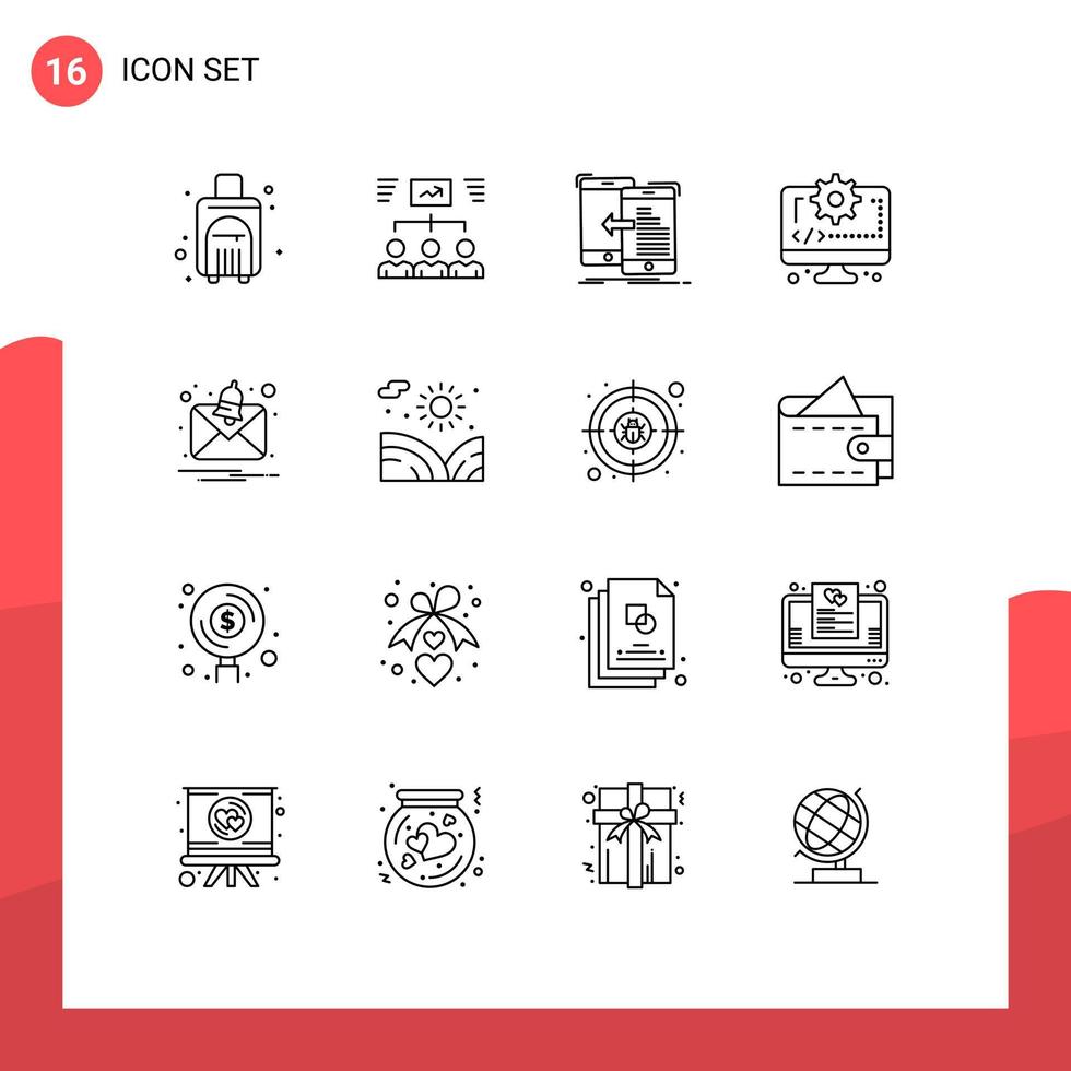 Modern Set of 16 Outlines Pictograph of gear coding assignment computer management Editable Vector Design Elements