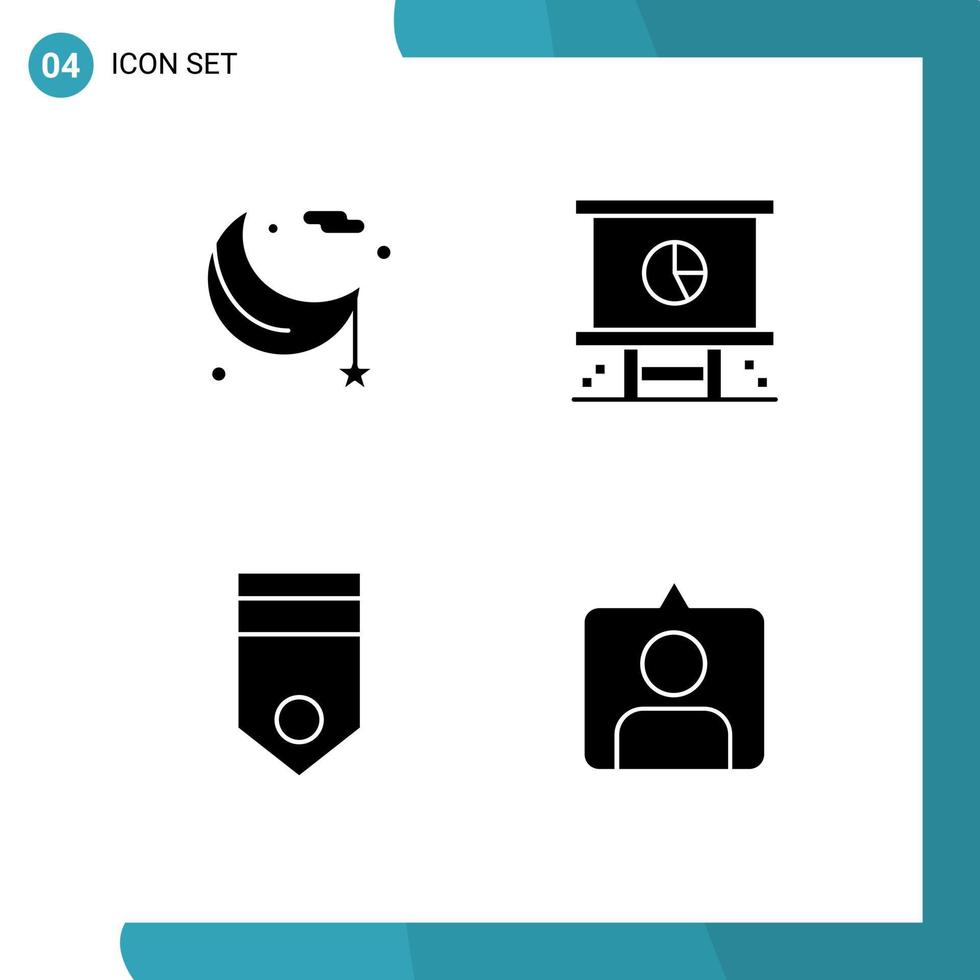 4 Thematic Vector Solid Glyphs and Editable Symbols of moon presentation night businessman badge Editable Vector Design Elements