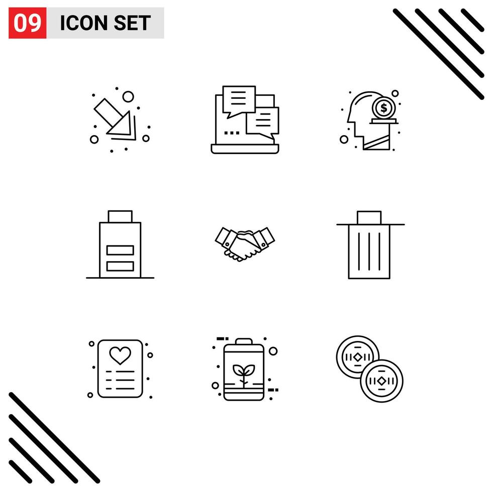Group of 9 Modern Outlines Set for agreement user head low battery Editable Vector Design Elements