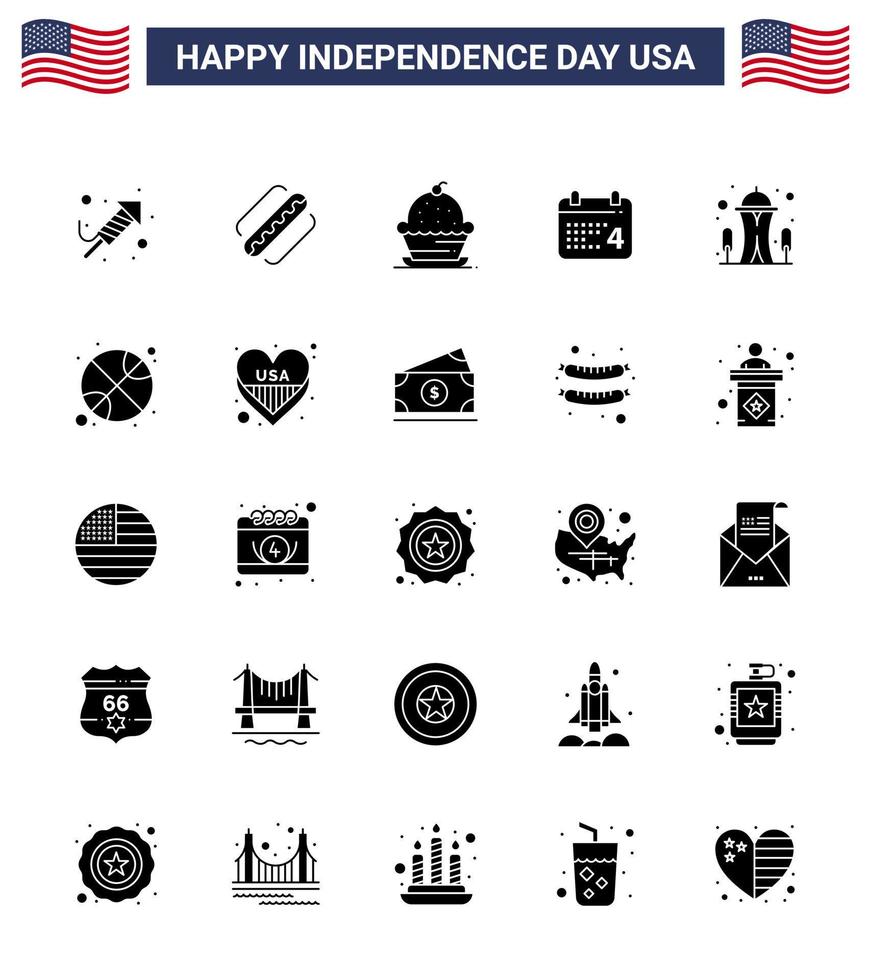 Group of 25 Solid Glyph Set for Independence day of United States of America such as building date cake day thanksgiving Editable USA Day Vector Design Elements