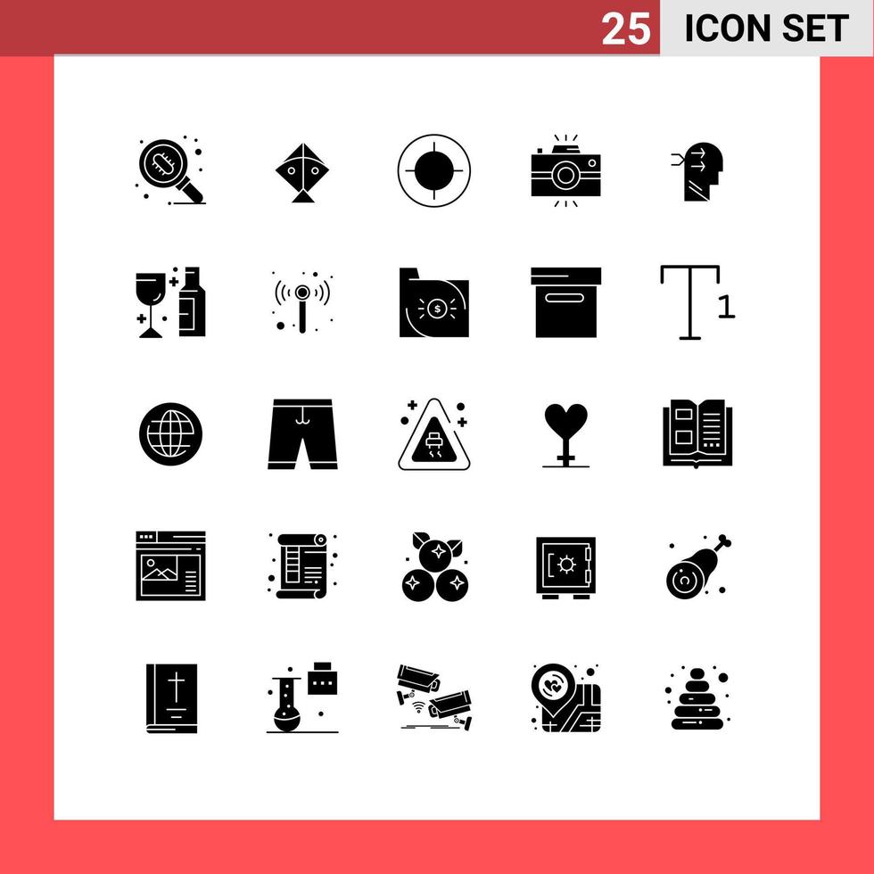 Solid Glyph Pack of 25 Universal Symbols of head vintage camera focus retro camera Editable Vector Design Elements