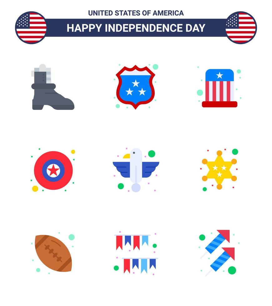conjunto de 9 iconos del día de los ee.uu. símbolos americanos signos del día de la independencia para el entretenimiento animal del águila elementos de diseño vectorial editables del día de los ee.uu. vector