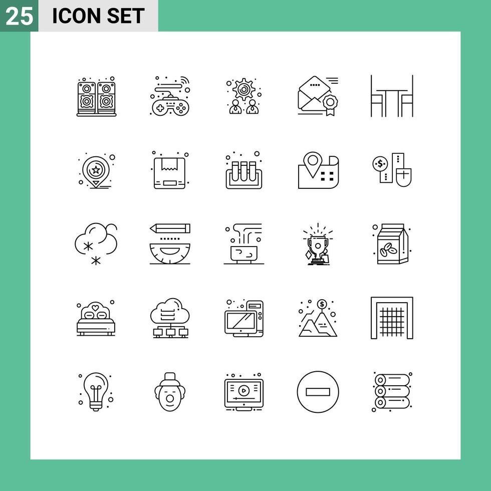 grupo de símbolos de iconos universales de 25 líneas modernas de sillas de trabajo en equipo de escritorio interior que ofrecen elementos de diseño de vectores editables