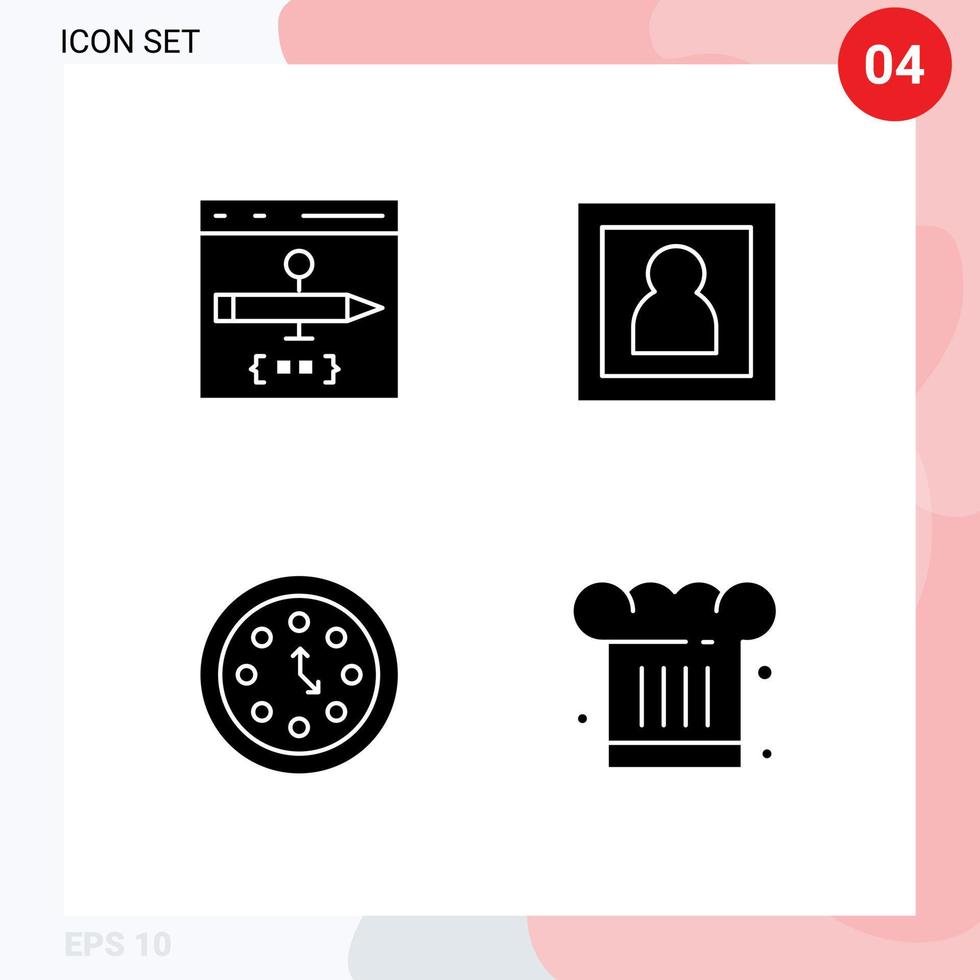 Set of 4 Commercial Solid Glyphs pack for app clock develop photographer date Editable Vector Design Elements