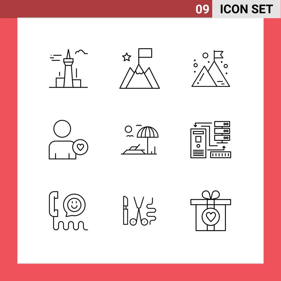9 User Interface Outline Pack of modern Signs and Symbols of sunbed heart trophy love mission Editable Vector Design Elements