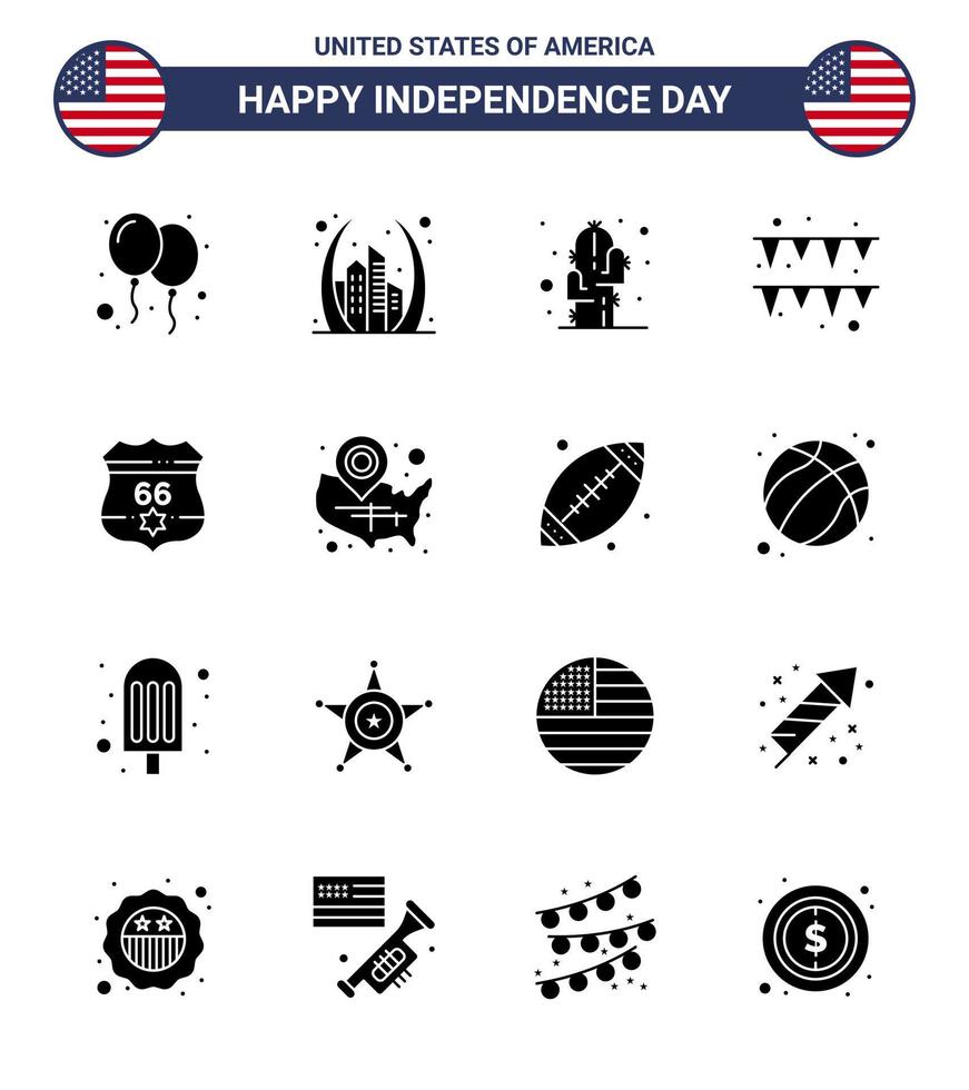 Happy Independence Day 16 Solid Glyphs Icon Pack for Web and Print shield paper usa garland desert Editable USA Day Vector Design Elements