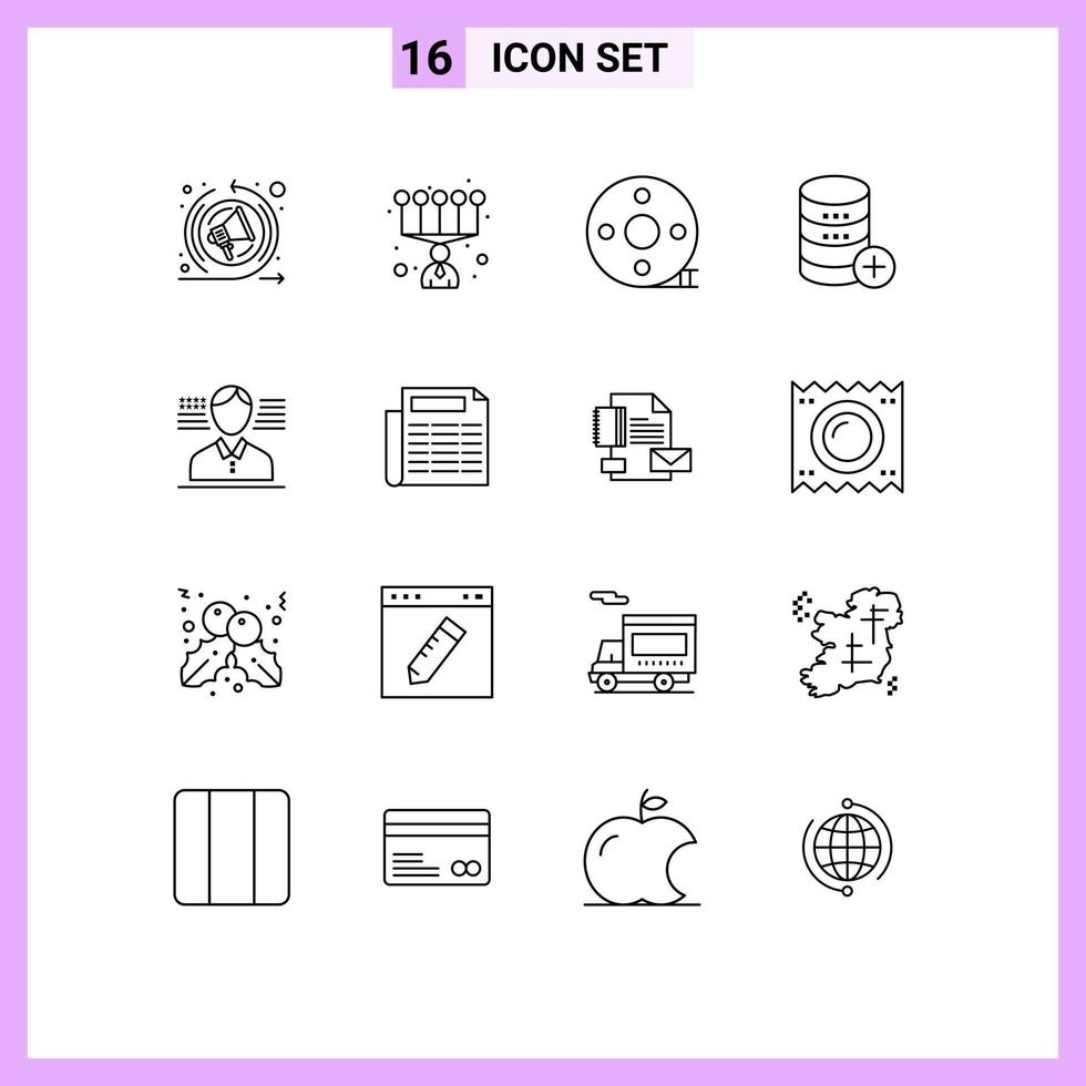 Universal Icon Symbols Group of 16 Modern Outlines of american add clapper storage server Editable Vector Design Elements