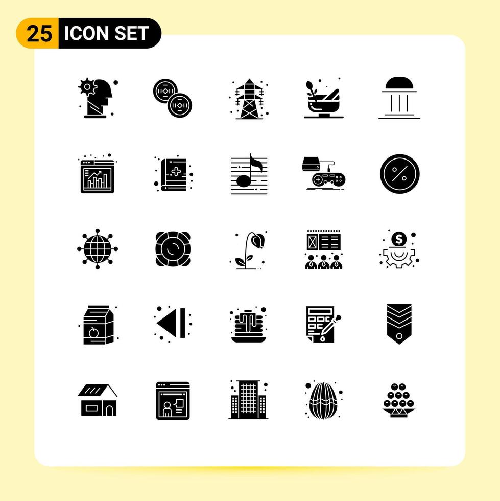 Mobile Interface Solid Glyph Set of 25 Pictograms of bank spa electrical bowl grinding Editable Vector Design Elements