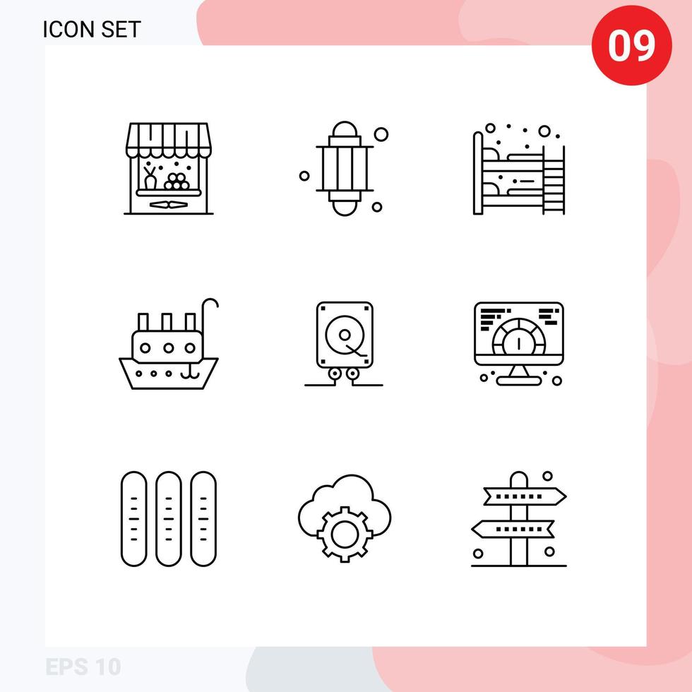 9 Thematic Vector Outlines and Editable Symbols of audio vessel baby bed ship fisherman Editable Vector Design Elements