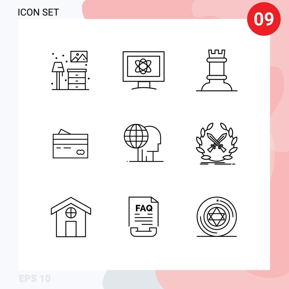 Outline Pack of 9 Universal Symbols of money credit chess cards banking Editable Vector Design Elements