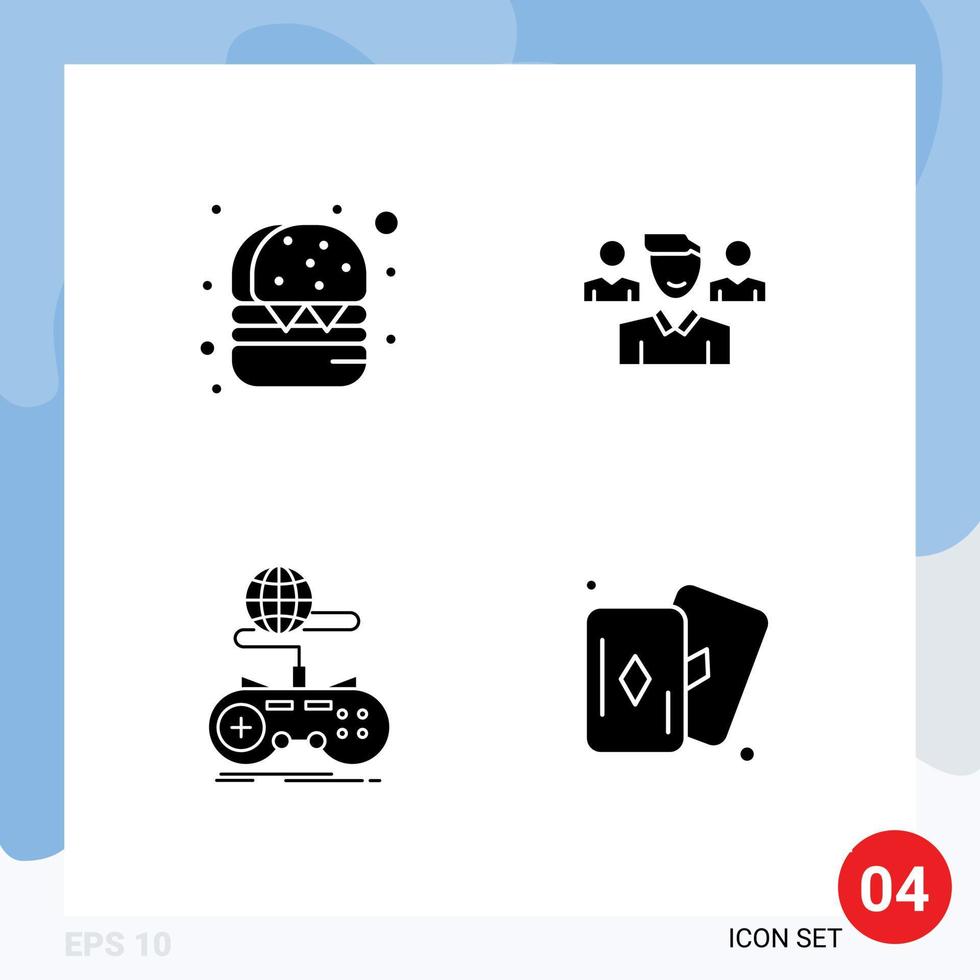 Modern Set of 4 Solid Glyphs Pictograph of burger internet team squard online Editable Vector Design Elements