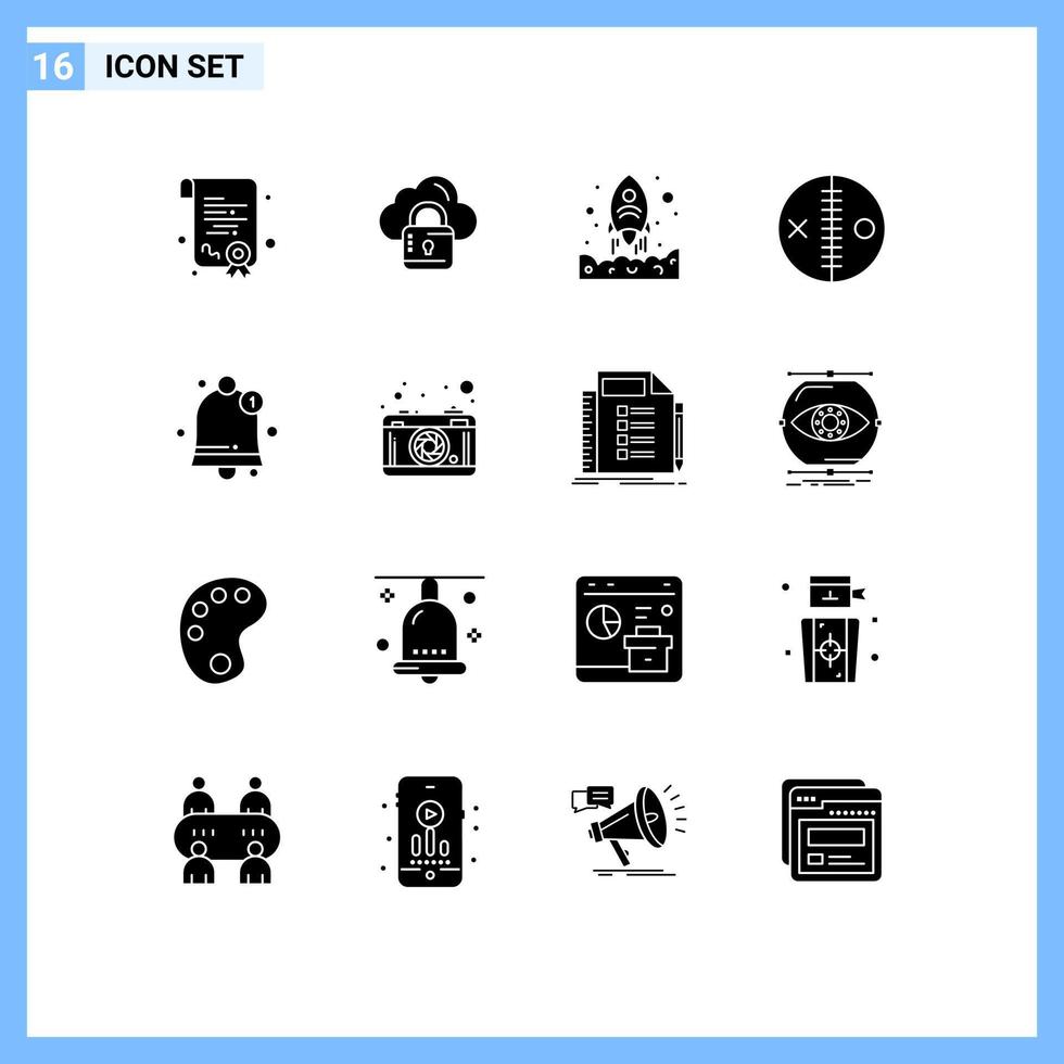 Group of 16 Solid Glyphs Signs and Symbols for notification voodoo rocket puncture doll Editable Vector Design Elements