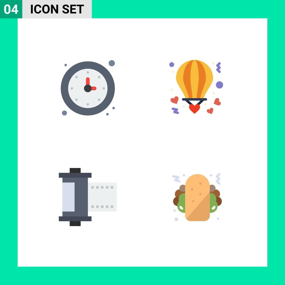 Pack of 4 creative Flat Icons of clock valentine timer balloon film Editable Vector Design Elements
