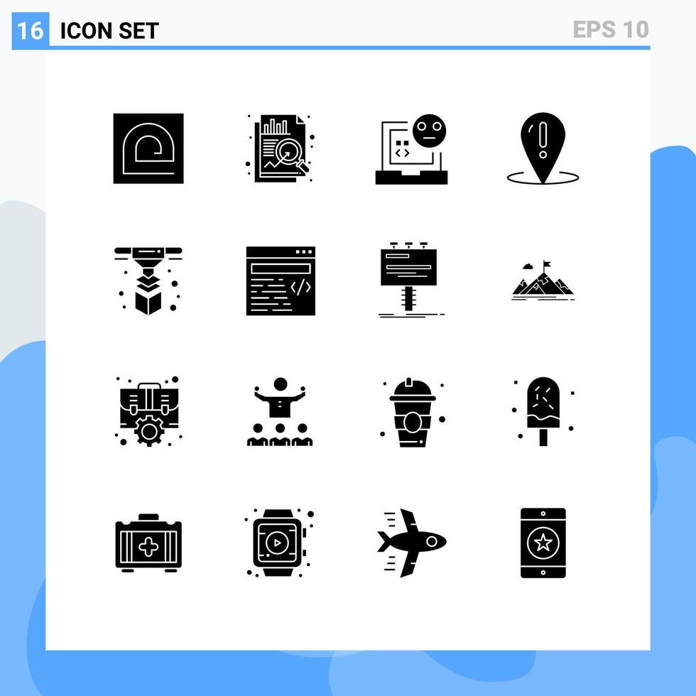 grupo de 16 glifos sólidos modernos establecidos para elementos de diseño vectorial editables de error de ubicación de lugar de soporte vector