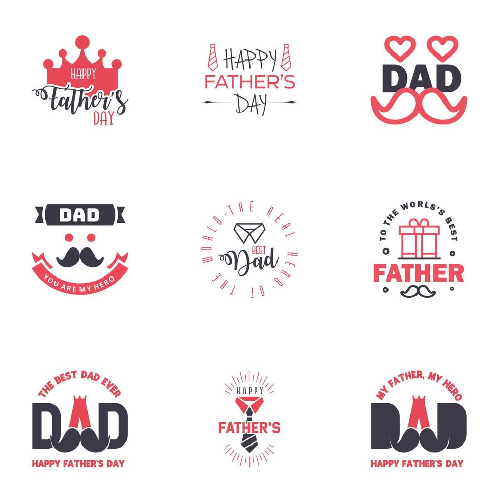 las tarjetas de felicitación del día del padre feliz establecen 9 letras tipográficas vectoriales en negro y rosa utilizables para imprimir pancartas eres el mejor diseño de texto de papá elementos de diseño vectorial editables vector