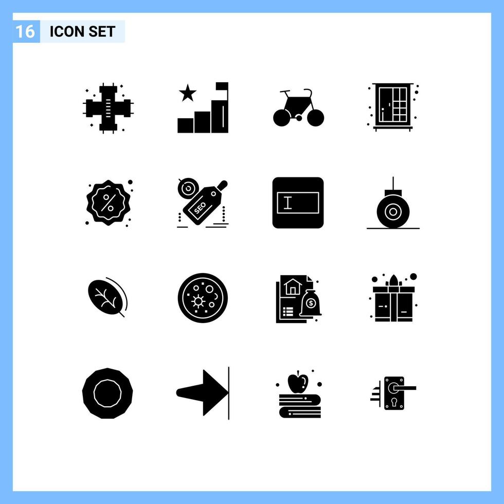 Editable Vector Line Pack of 16 Simple Solid Glyphs of badge interior positions furniture travel Editable Vector Design Elements