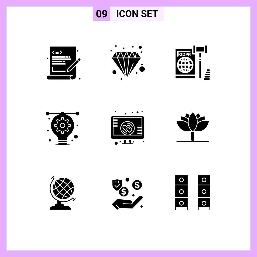Modern Set of 9 Solid Glyphs Pictograph of illustration bulb pastel artwork law Editable Vector Design Elements
