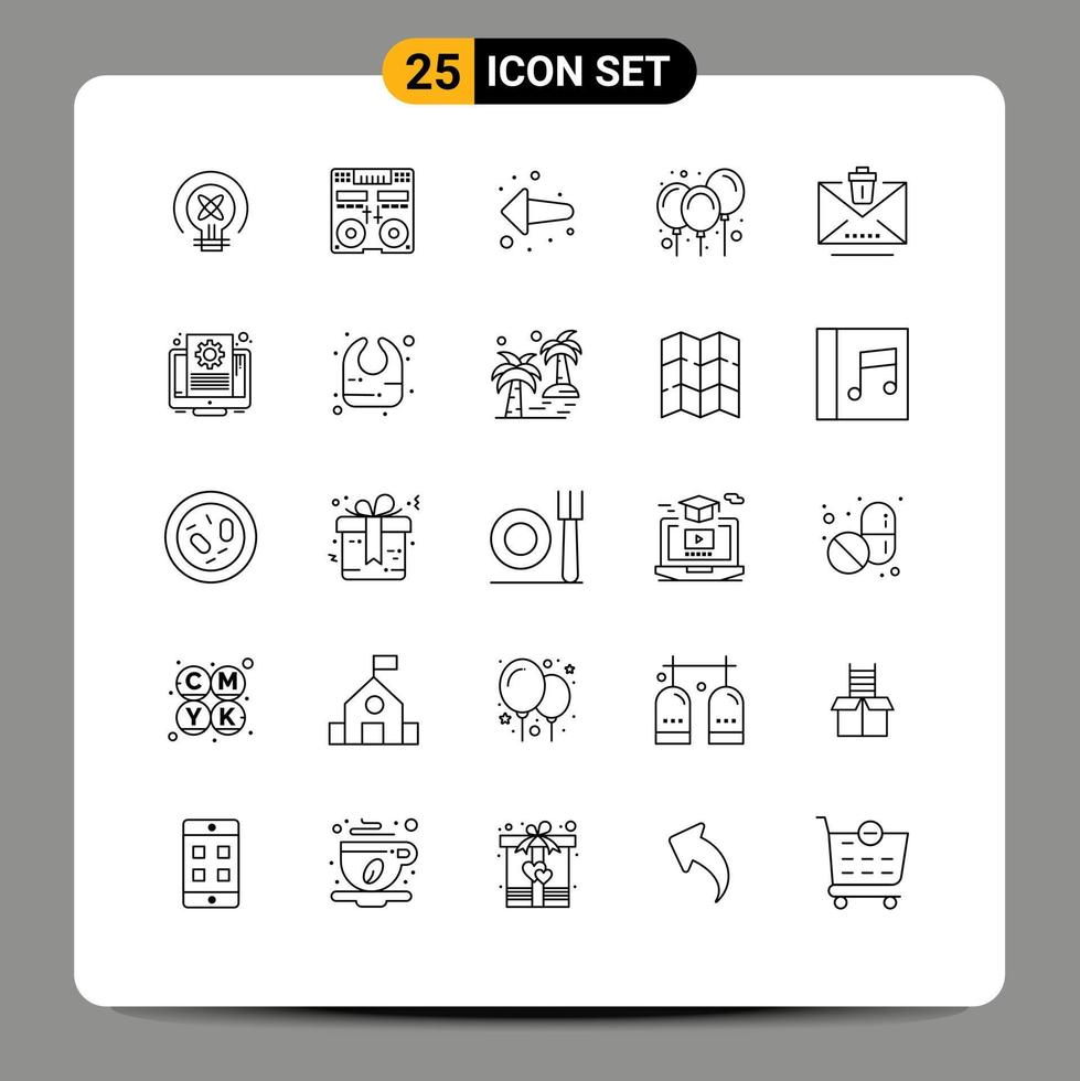 User Interface Pack of 25 Basic Lines of email decoration music carnival balloons Editable Vector Design Elements