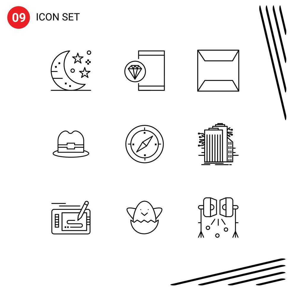 Group of 9 Outlines Signs and Symbols for compass navigation programming man hat Editable Vector Design Elements