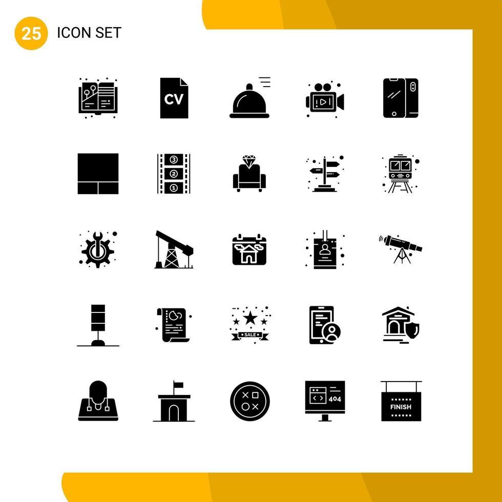 Pack of 25 Modern Solid Glyphs Signs and Symbols for Web Print Media such as android smart phone food phone media Editable Vector Design Elements