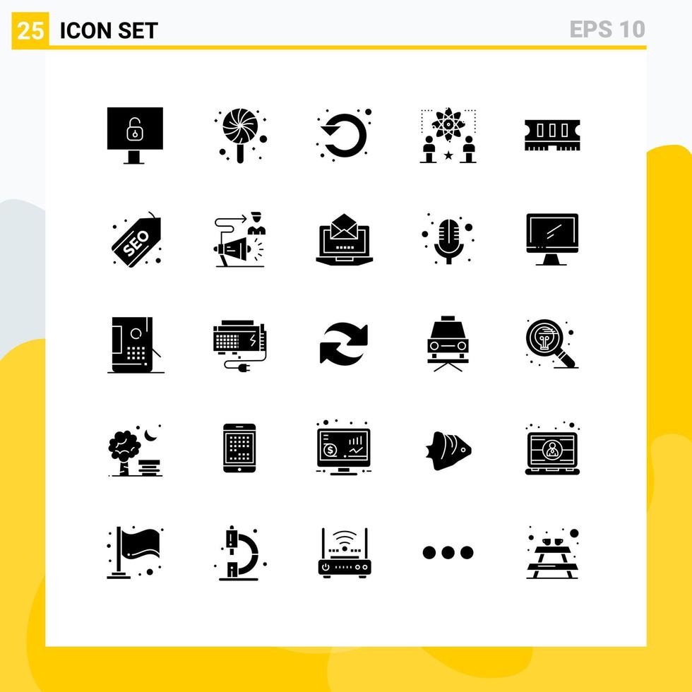 Mobile Interface Solid Glyph Set of 25 Pictograms of memory atom left man physics Editable Vector Design Elements