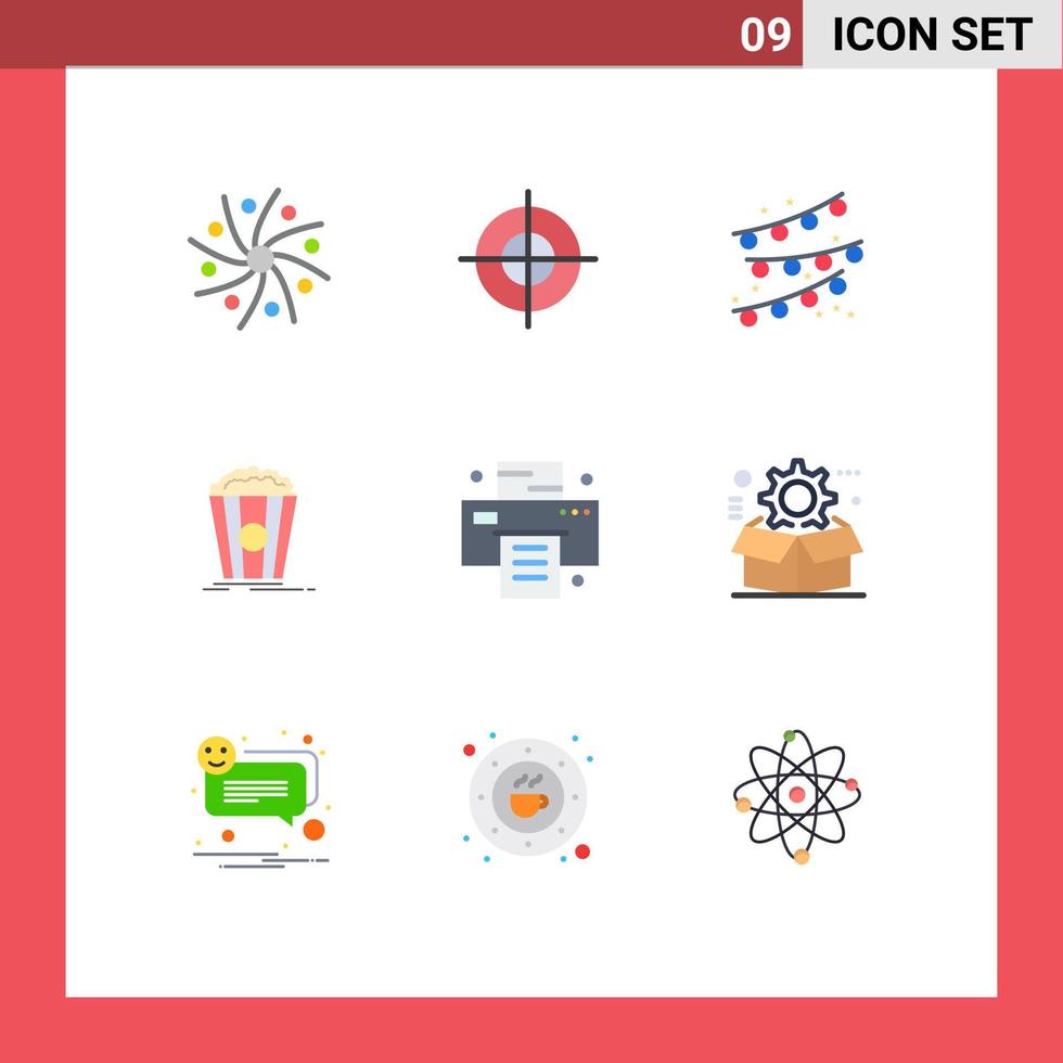 Pictogram Set of 9 Simple Flat Colors of print snack target movie popcorn Editable Vector Design Elements