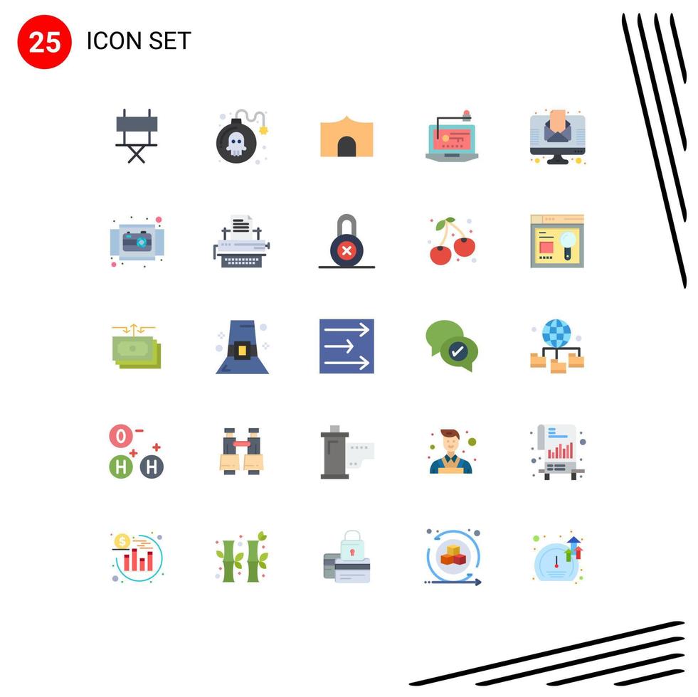 Flat Color Pack of 25 Universal Symbols of laptop hardware castle computer medieval Editable Vector Design Elements