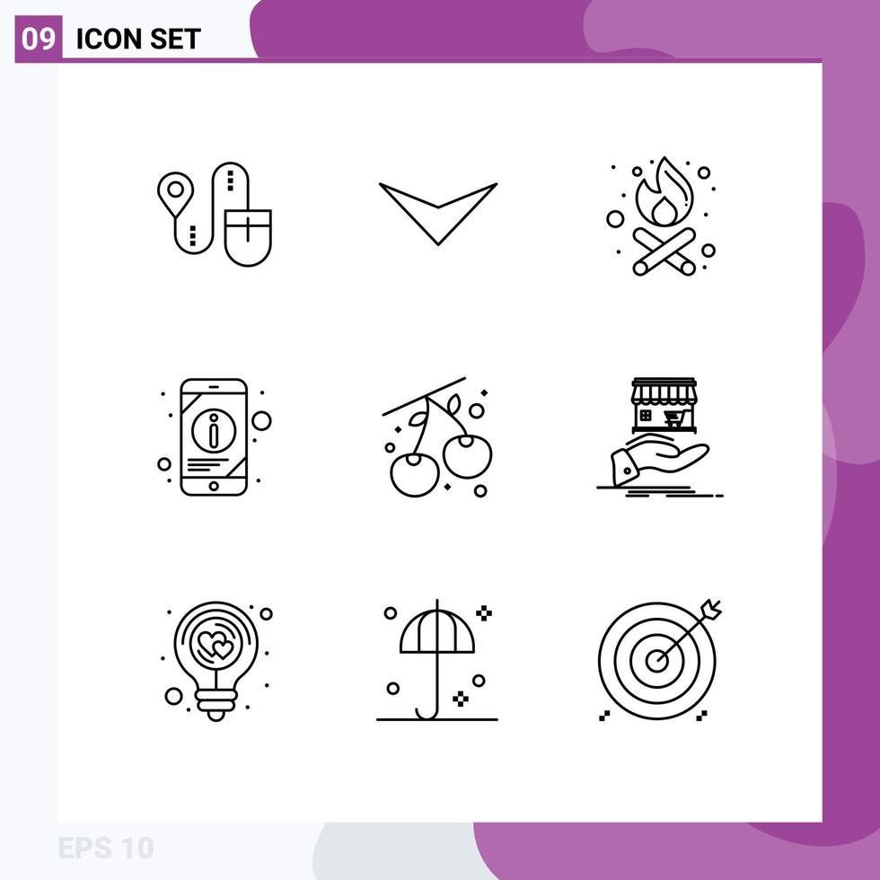 Set of 9 Modern UI Icons Symbols Signs for shop cherry fire berry mobile information Editable Vector Design Elements