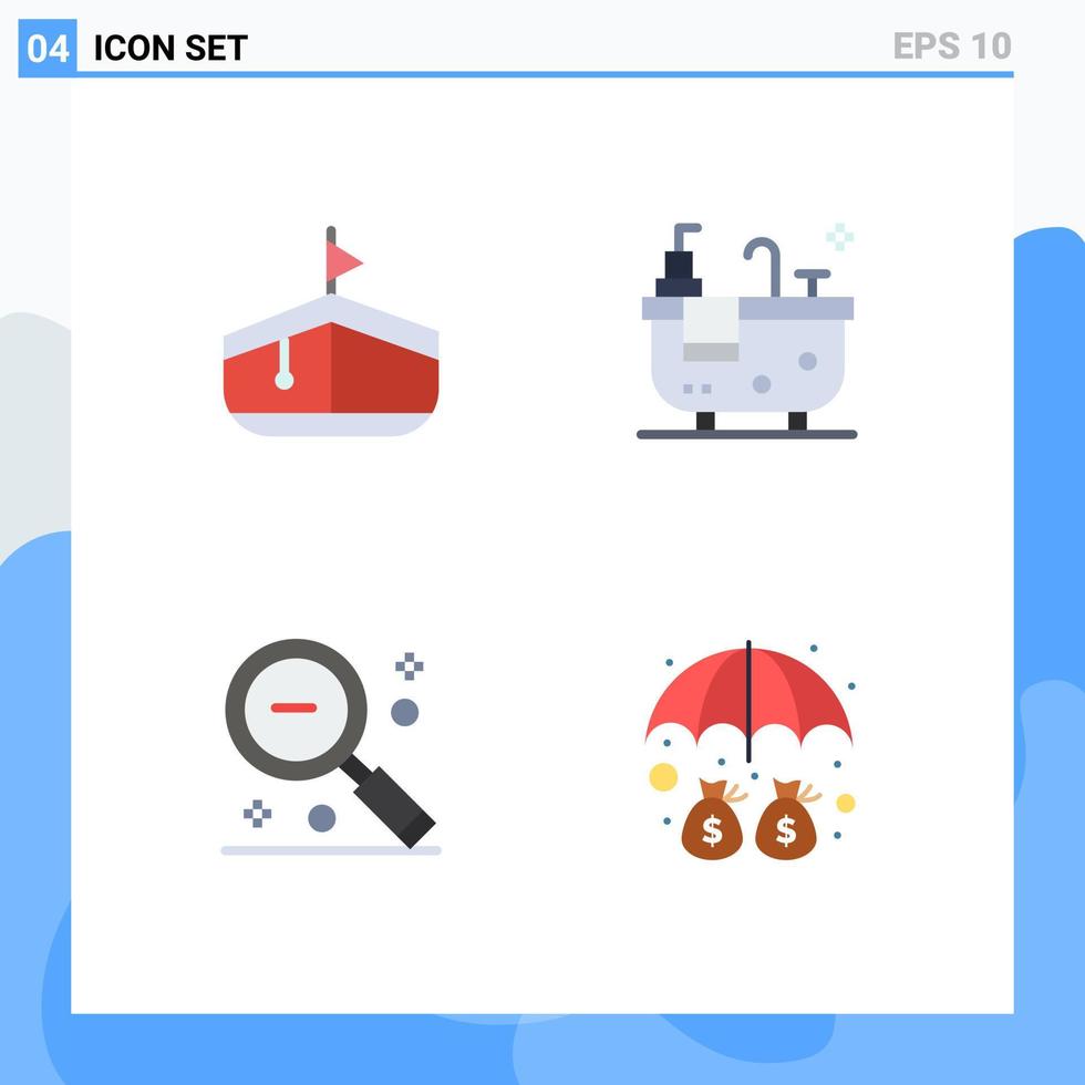 paquete de 4 iconos planos creativos de lupa de baño de búsqueda de barco depositar elementos de diseño vectorial editables vector