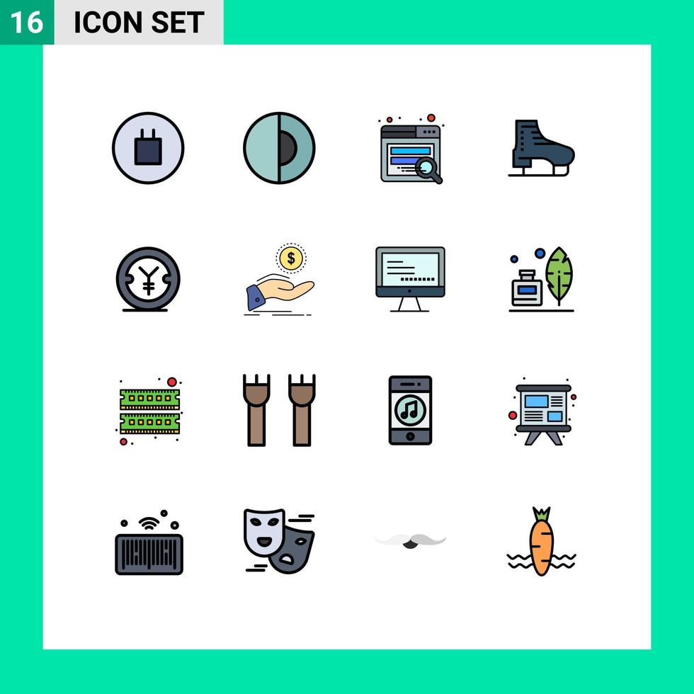 Group of 16 Flat Color Filled Lines Signs and Symbols for yen coin seo skating skate Editable Creative Vector Design Elements