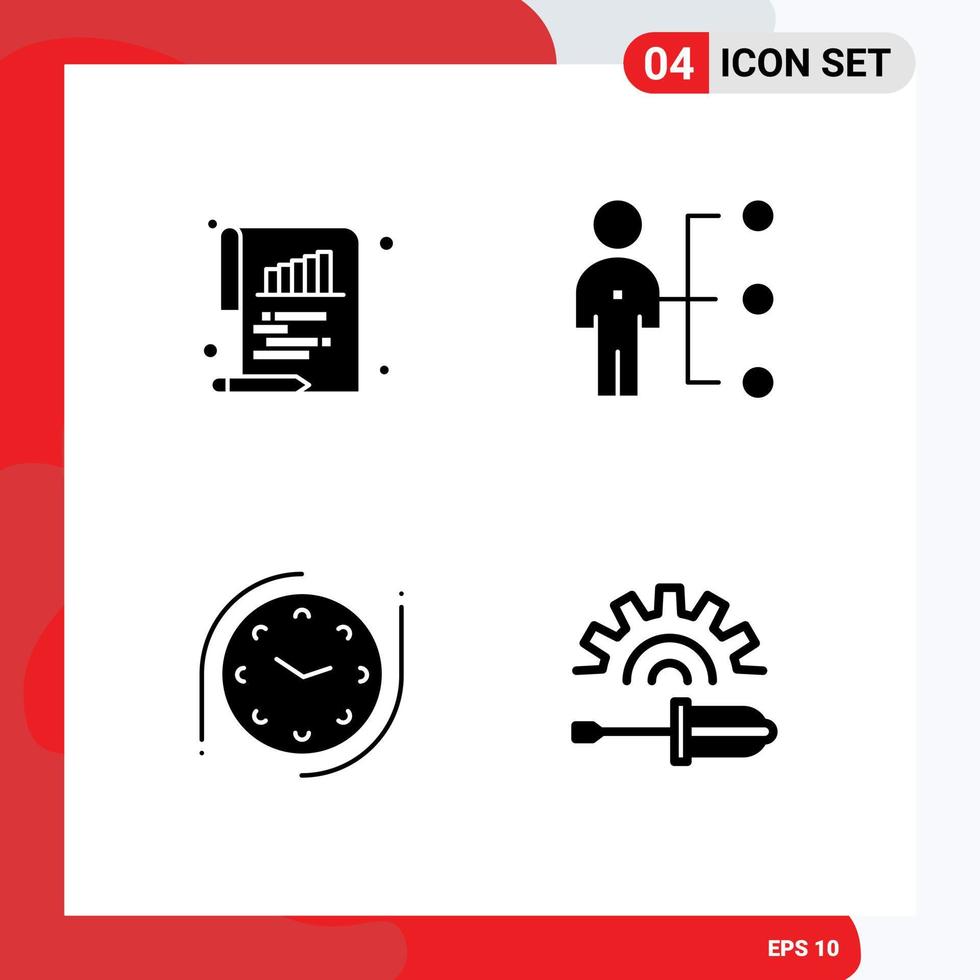 Group of 4 Solid Glyphs Signs and Symbols for bar clock paper job watch Editable Vector Design Elements