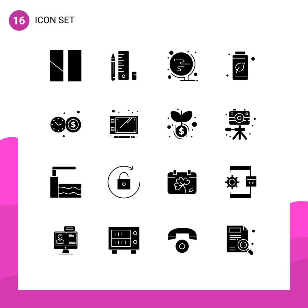 16 Thematic Vector Solid Glyphs and Editable Symbols of investment time green school tree bottle Editable Vector Design Elements