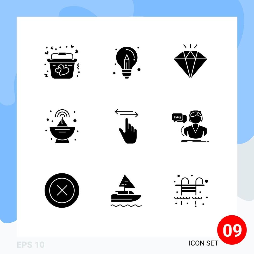 Set of 9 Vector Solid Glyphs on Grid for hand finger idea satellite antenna Editable Vector Design Elements