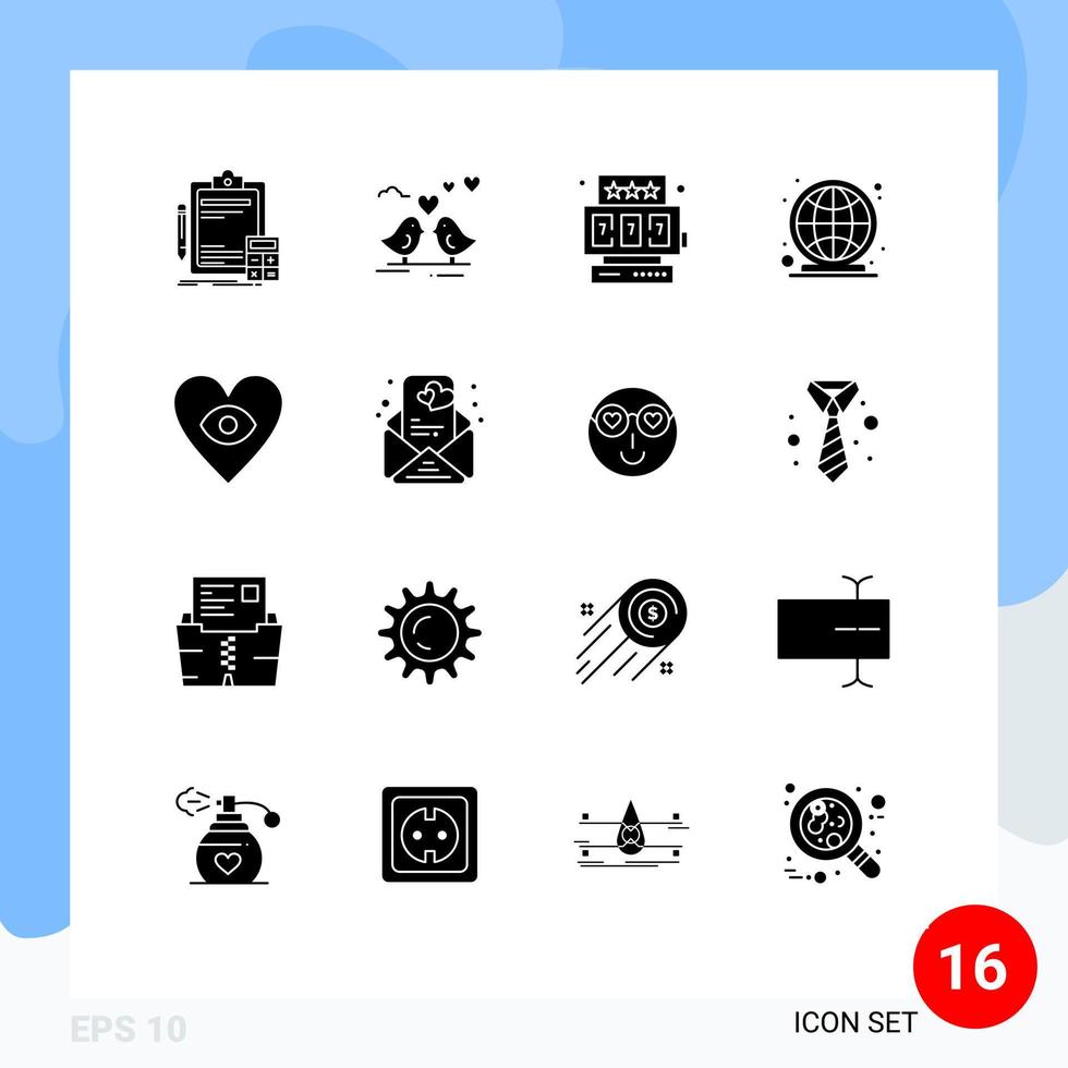 Mobile Interface Solid Glyph Set of 16 Pictograms of heart market place heart worldwide earth Editable Vector Design Elements