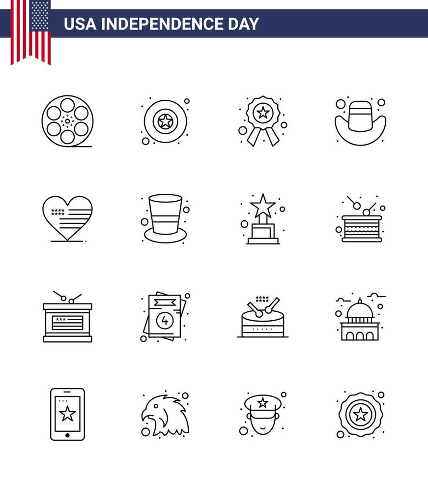 Modern Set of 16 Lines and symbols on USA Independence Day such as flag love police heart cap Editable USA Day Vector Design Elements