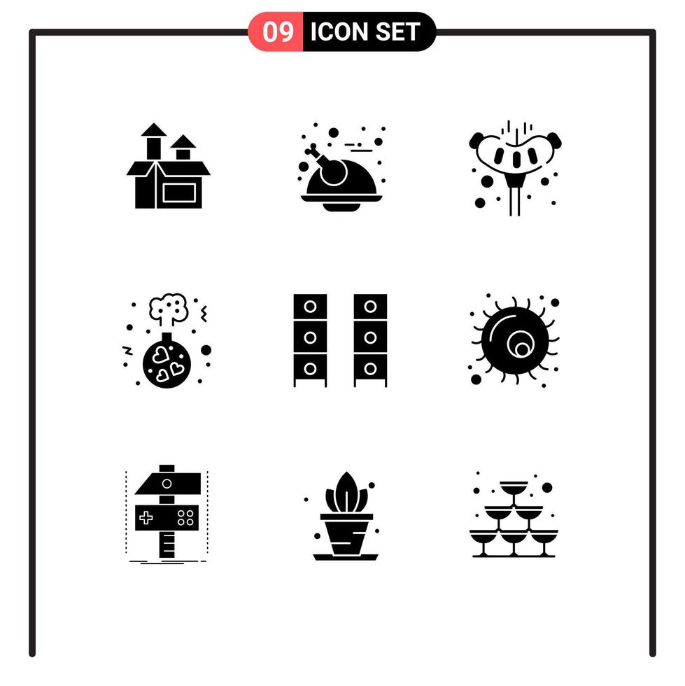 Modern Set of 9 Solid Glyphs and symbols such as furniture wedding meat love flask Editable Vector Design Elements