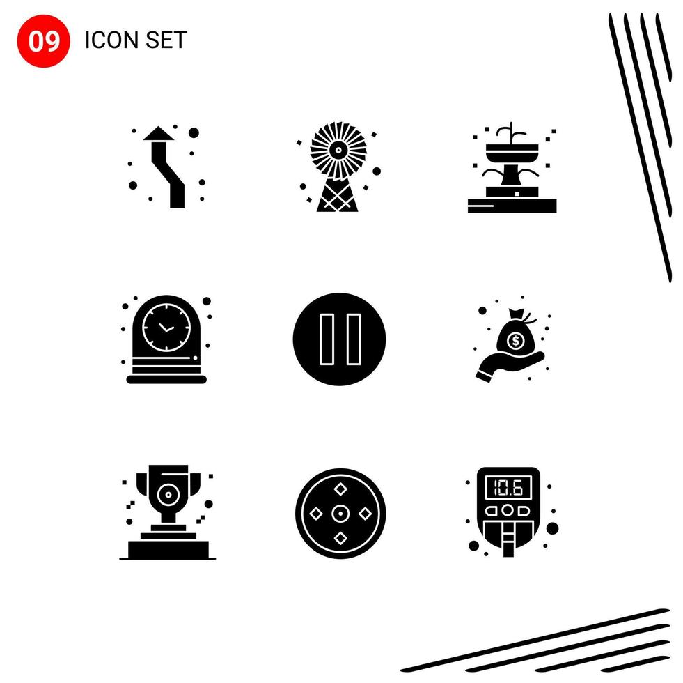 Editable Vector Line Pack of 9 Simple Solid Glyphs of multimedia time technology table park Editable Vector Design Elements