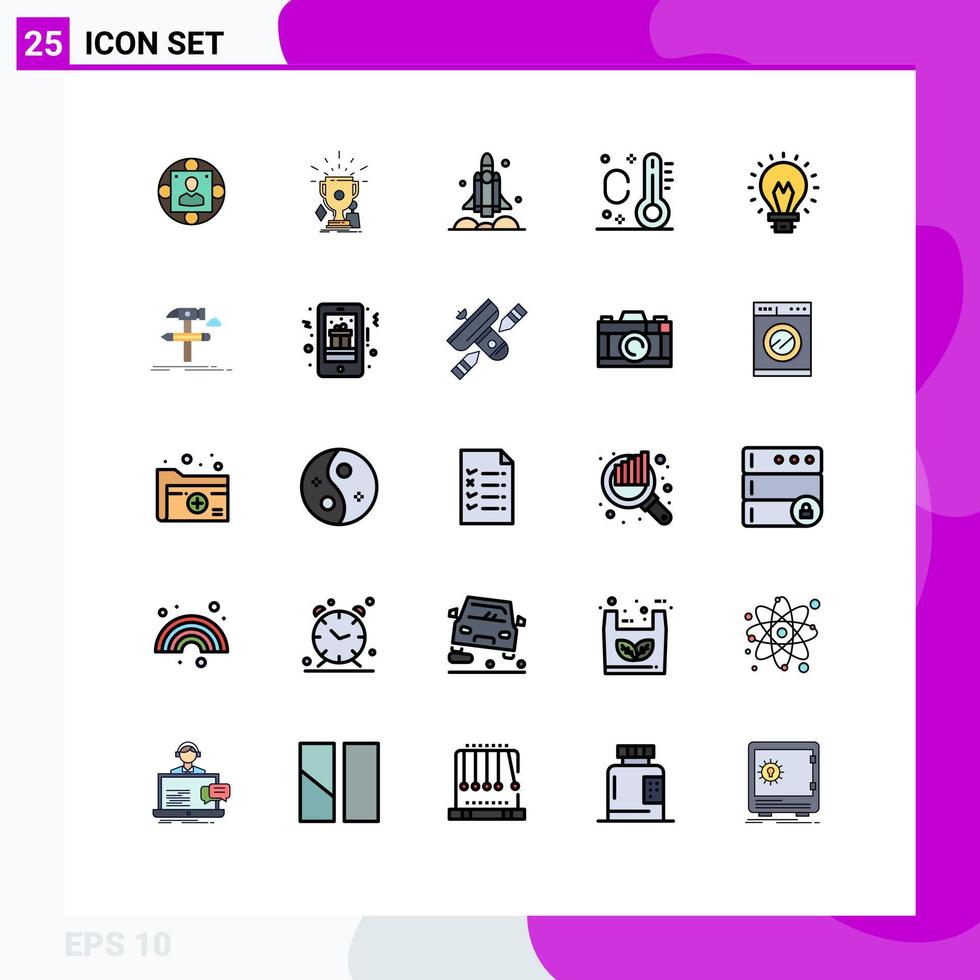paquete de 25 modernos signos y símbolos de colores planos de línea rellena para medios de impresión web, como termómetro de bulbo, trofeos de vacaciones, elementos de diseño de vectores editables de la nave espacial de EE. UU.
