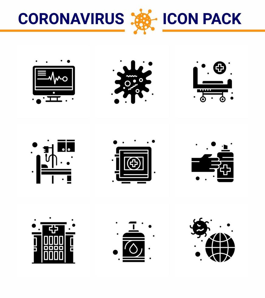 corona virus 2019 y 2020 epidemia 9 paquete de iconos negros de glifo sólido como protección casillero cama hospital coronavirus viral 2019nov enfermedad vector elementos de diseño