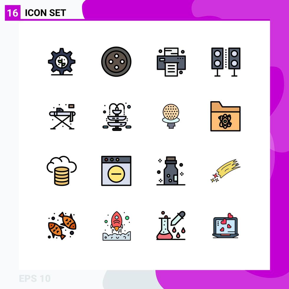 Set of 16 Vector Flat Color Filled Lines on Grid for fountain iron devices living technology Editable Creative Vector Design Elements
