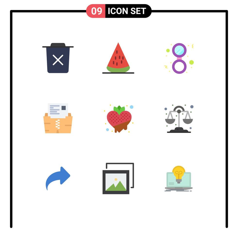 Group of 9 Modern Flat Colors Set for file data fruits zip mirror Editable Vector Design Elements