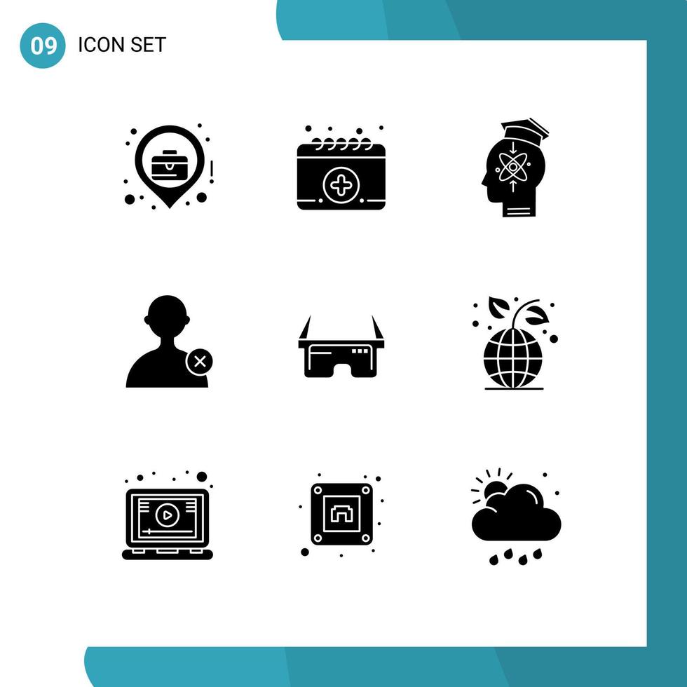 Pack of 9 Modern Solid Glyphs Signs and Symbols for Web Print Media such as medical virtual head user delete Editable Vector Design Elements