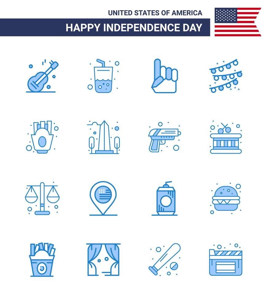 Happy Independence Day USA Pack of 16 Creative Blues of fries chips foam hand party bulb buntings Editable USA Day Vector Design Elements